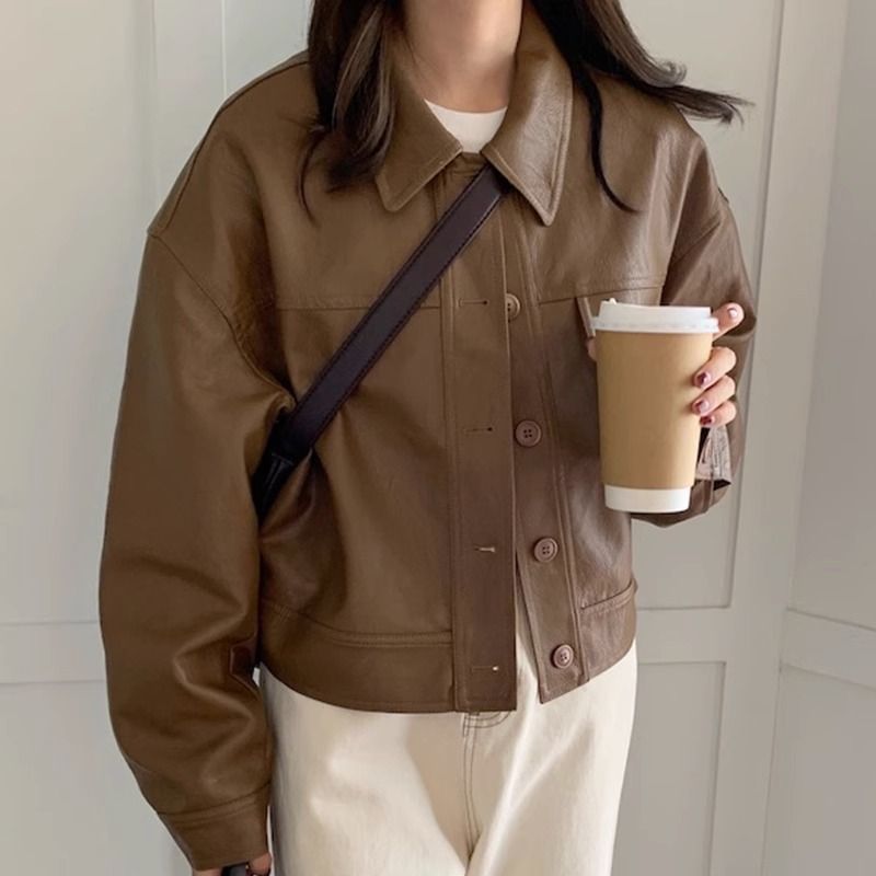 Women?s Vintage PU Leather Jacket Short Slim Fit Polo Collar Coat