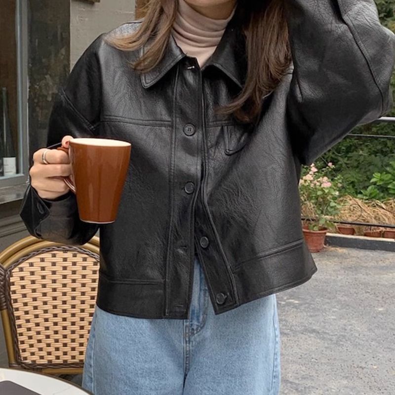 Women?s Vintage PU Leather Jacket Short Slim Fit Polo Collar Coat