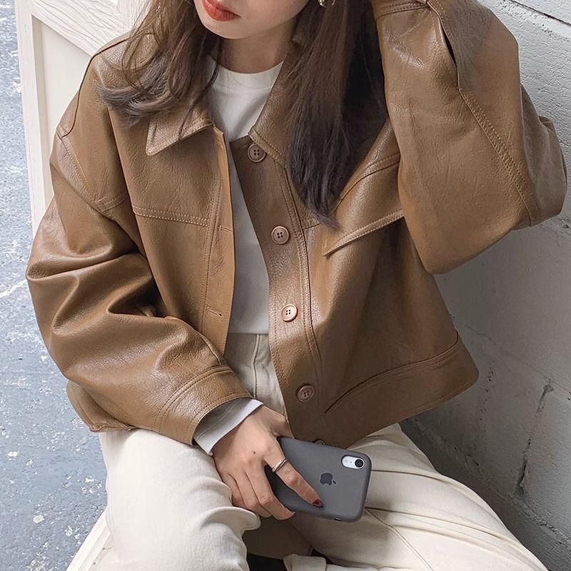 Women?s Vintage PU Leather Jacket Short Slim Fit Polo Collar Coat