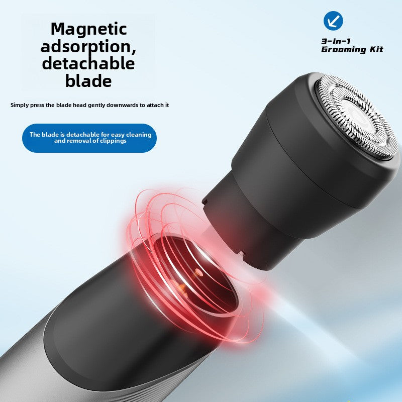 Magnetic 3-in-1 Electric Shaver Set with Nose Trimmer, Waterproof USB Rechargeable Rotary Razor