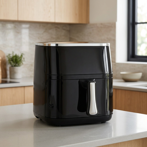 Black air fryer in a modern kitchen with natural light