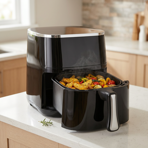 Black air fryer with open drawer containing potato wedges and vegetables