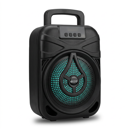 Compact black ECCO speaker with turquoise grille and carry handle