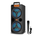 Dual speaker system with wired microphone on a white background