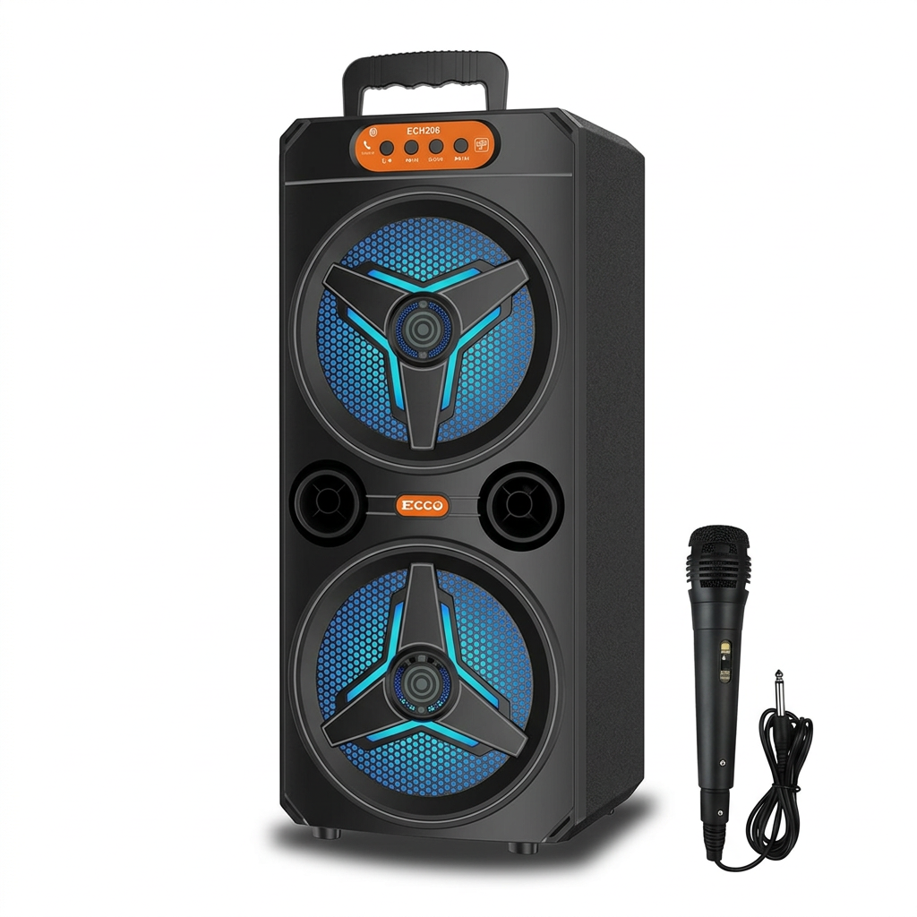 Dual speaker system with wired microphone on a white background