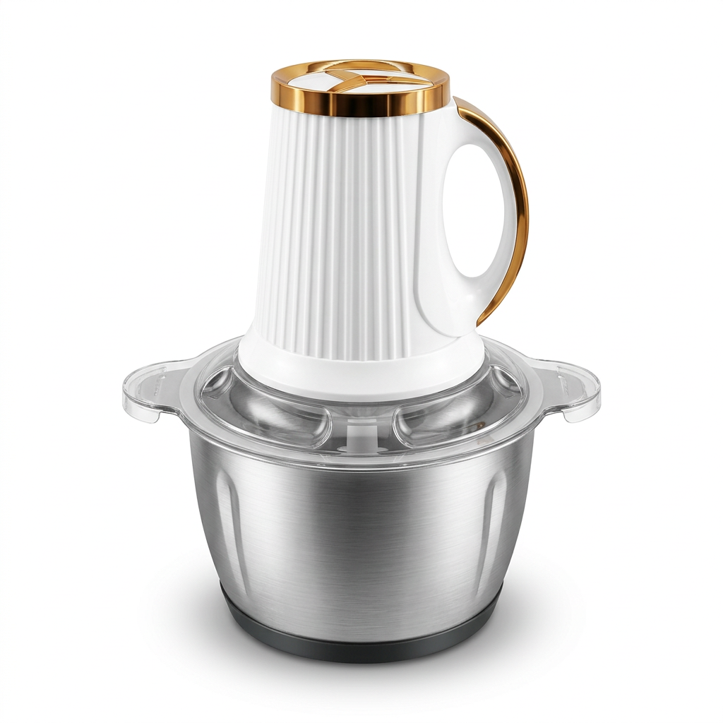 Electric food grinder on a clean white background
