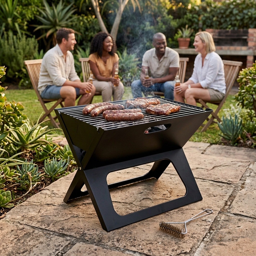 Garden braai scene with Black and white adult friends relaxing together
