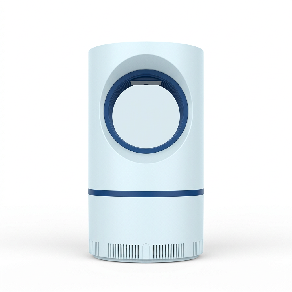 Pale mosquito trap with blue circular detailing on a white background