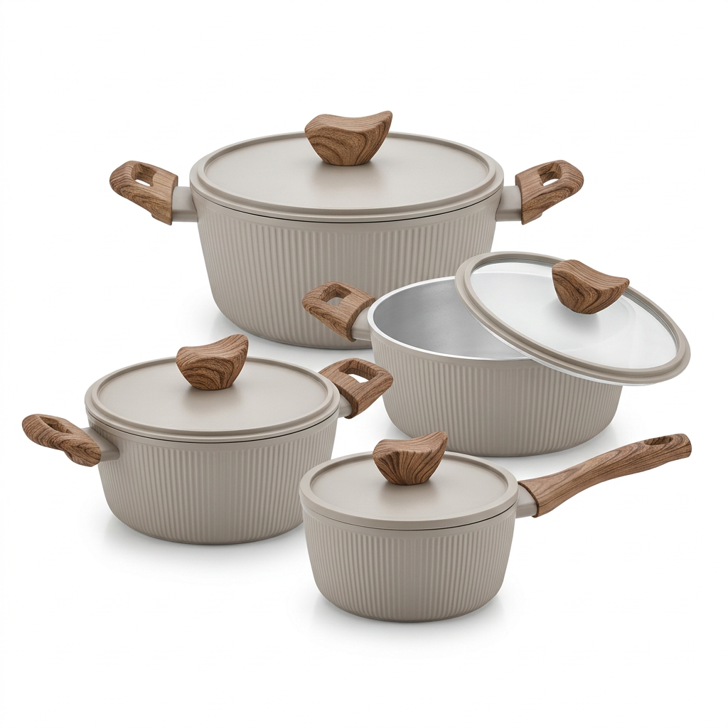 Grey cookware set with four pots and four matching lids with wood-look detailing