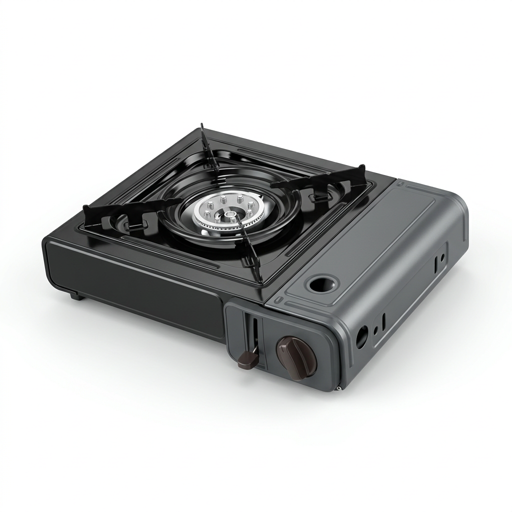 Charcoal portable single-burner gas stove with a silver burner and front control knob