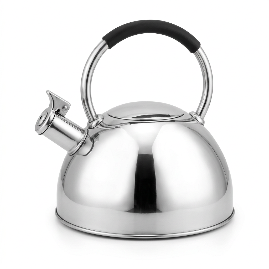 Polished silver stovetop kettle with an arched black-grip handle on a white background