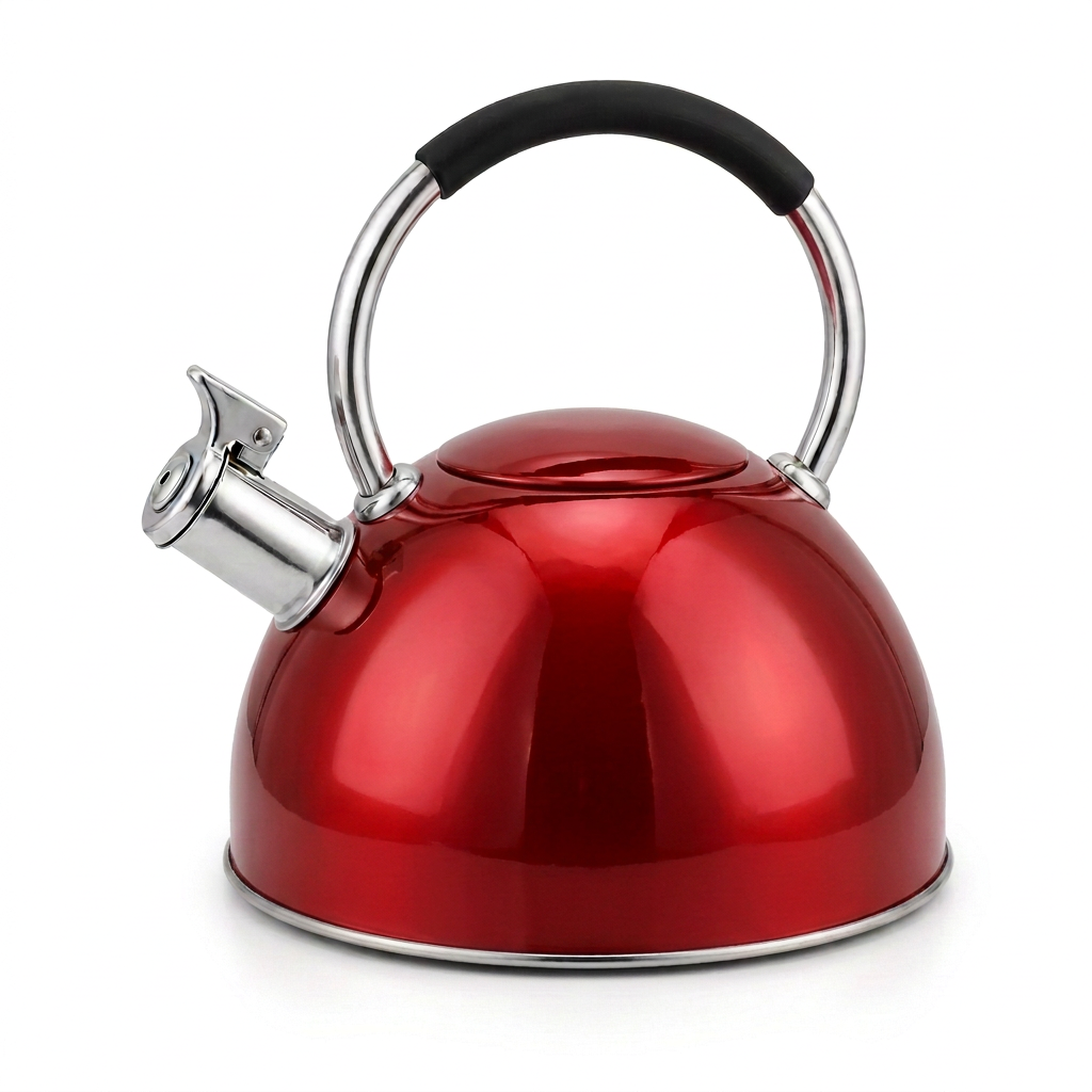 Shiny red stovetop kettle with silver trim and a black handle grip