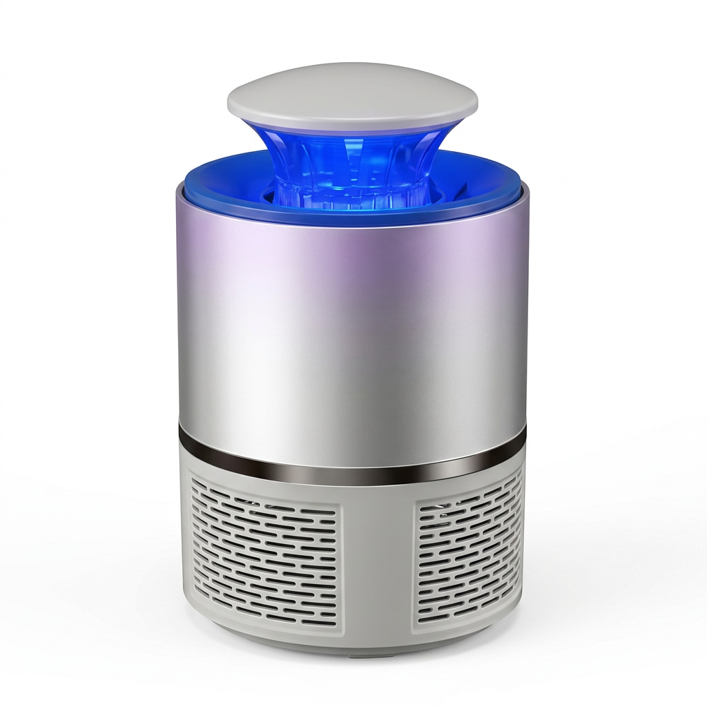 Silver-toned cylindrical mosquito lamp with blue upper detailing on a white background