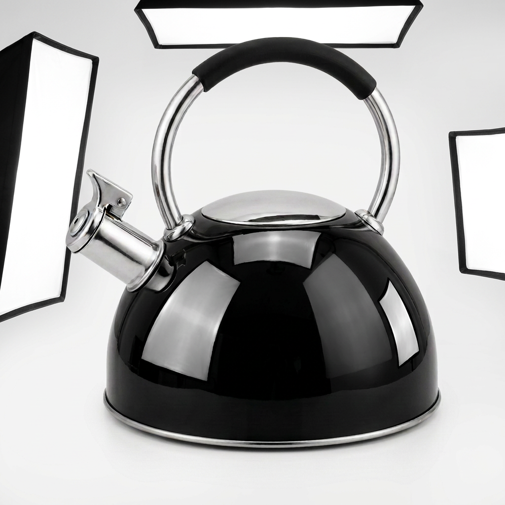 Shiny black stovetop kettle with silver trim and a black handle grip