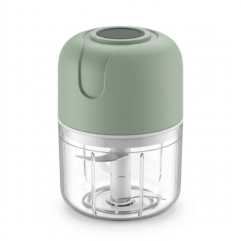 Sage-green mini food chopper with a transparent bowl and visible cutting blades