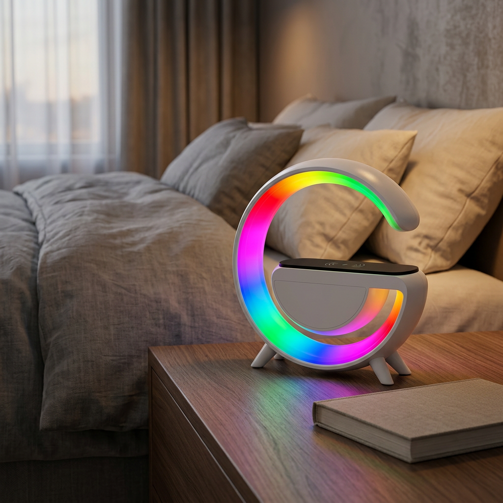 LED speaker illuminated on a bedside table