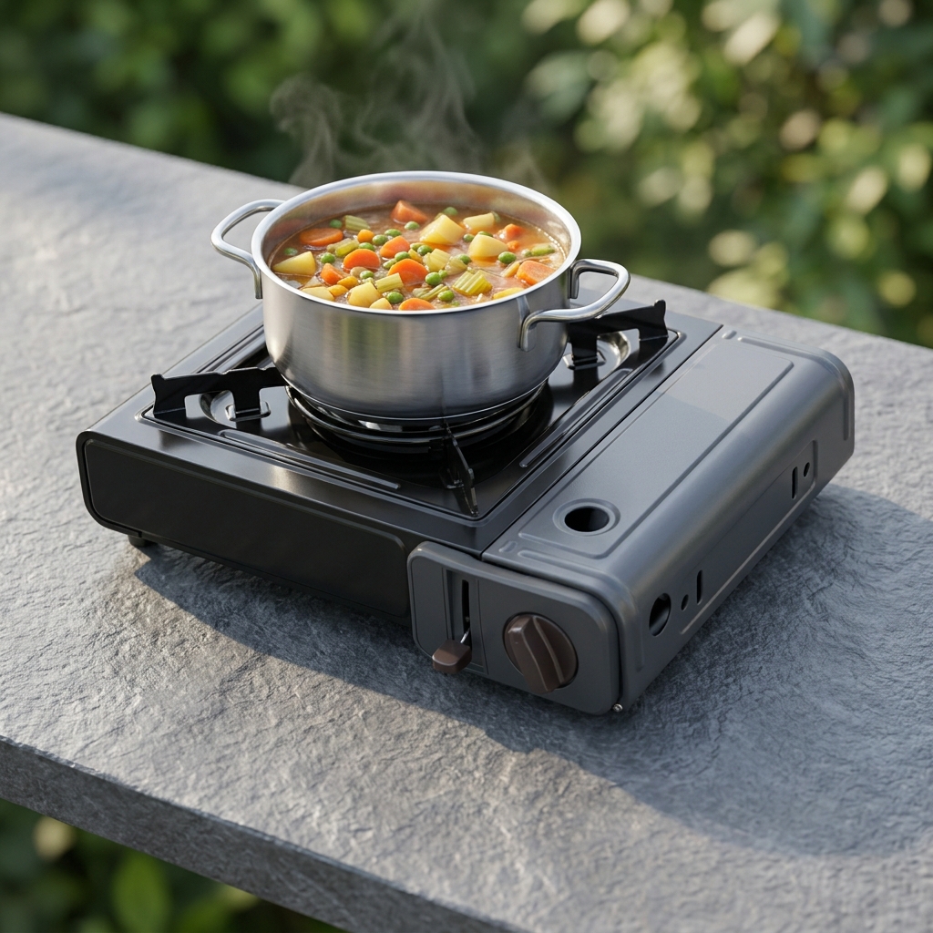 Portable gas stove with a pot cooking in an open-air setting